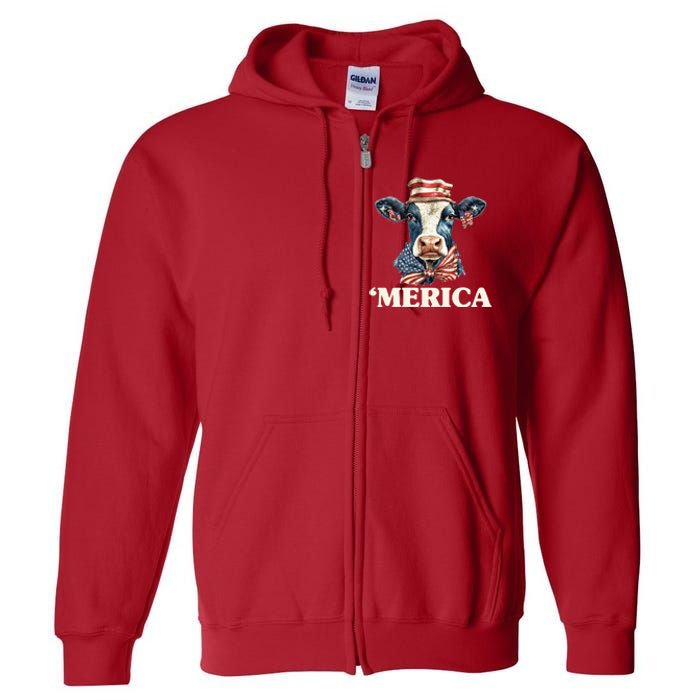 Merica Cow 4th Of July American Flag Full Zip Hoodie