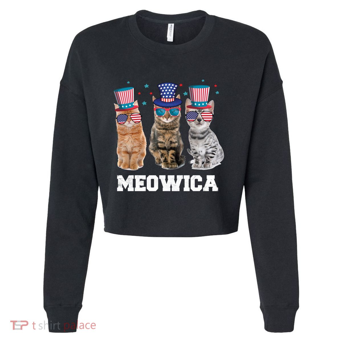 Meowica Cat 4th Of July Kitten Memorial Day Gift Cropped Pullover Crew