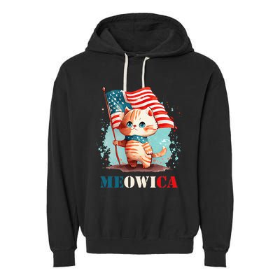 Meowica Cat 4th Of July Usa Patriotic American Flag Garment-Dyed Fleece Hoodie