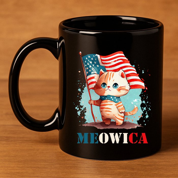 Meowica Cat 4th Of July Usa Patriotic American Flag 11oz C Handle Ceramic Mug