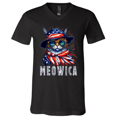 MEOWICA Cat 4th July Sunglasses Merica Cat American Flag V-Neck T-Shirt