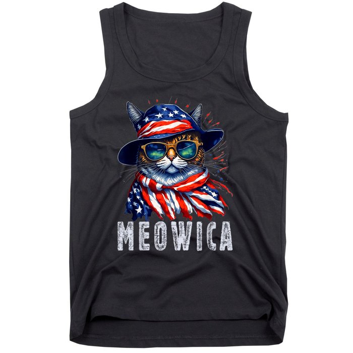 MEOWICA Cat 4th July Sunglasses Merica Cat American Flag Tank Top