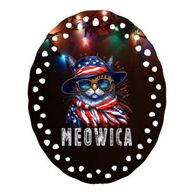 MEOWICA Cat 4th July Sunglasses Merica Cat American Flag Ceramic Oval Ornament