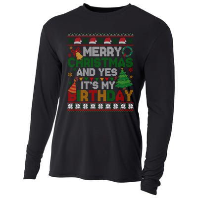 Merry Christmas And Yes ItS My Birthday Ugly Xmas Sweater Cooling Performance Long Sleeve Crew