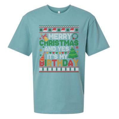 Merry Christmas And Yes ItS My Birthday Ugly Xmas Sweater Sueded Cloud Jersey T-Shirt