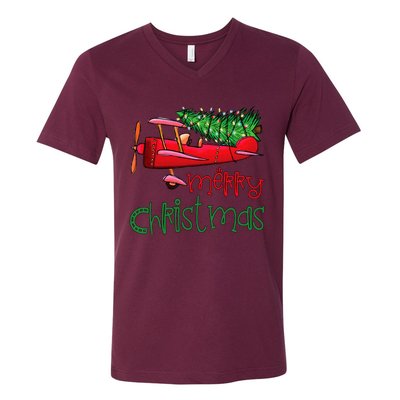 Merry Christmas Airplane Christmas Tree Pilot V-Neck T-Shirt