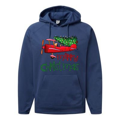 Merry Christmas Airplane Christmas Tree Pilot Performance Fleece Hoodie