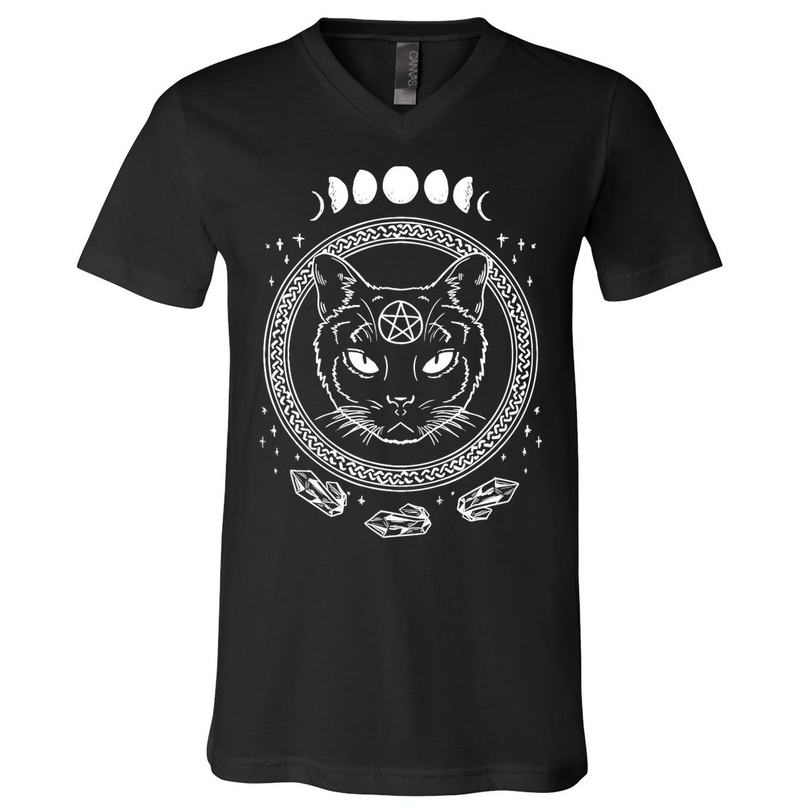 Moon Cat Alchemy Witch Dark Symbols Goth Halloween V-Neck T-Shirt