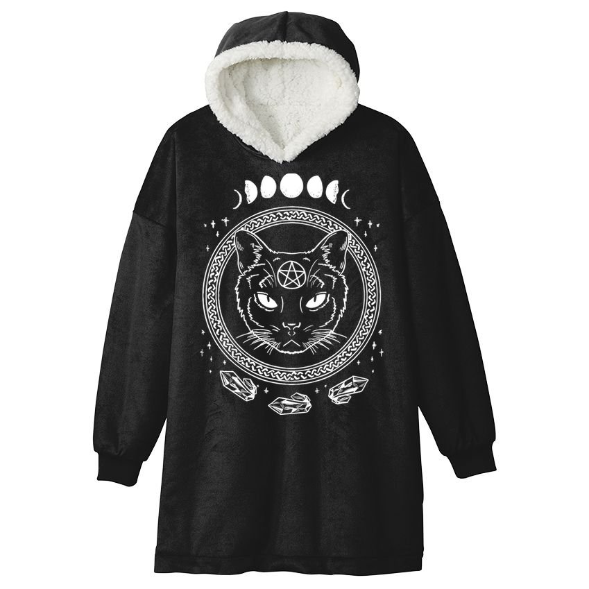 Moon Cat Alchemy Witch Dark Symbols Goth Halloween Hooded Wearable Blanket