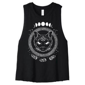 Moon Cat Alchemy Witch Dark Symbols Goth Halloween Women's Racerback Cropped Tank