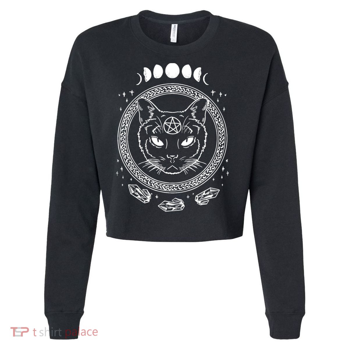 Moon Cat Alchemy Witch Dark Symbols Goth Halloween Cropped Pullover Crew