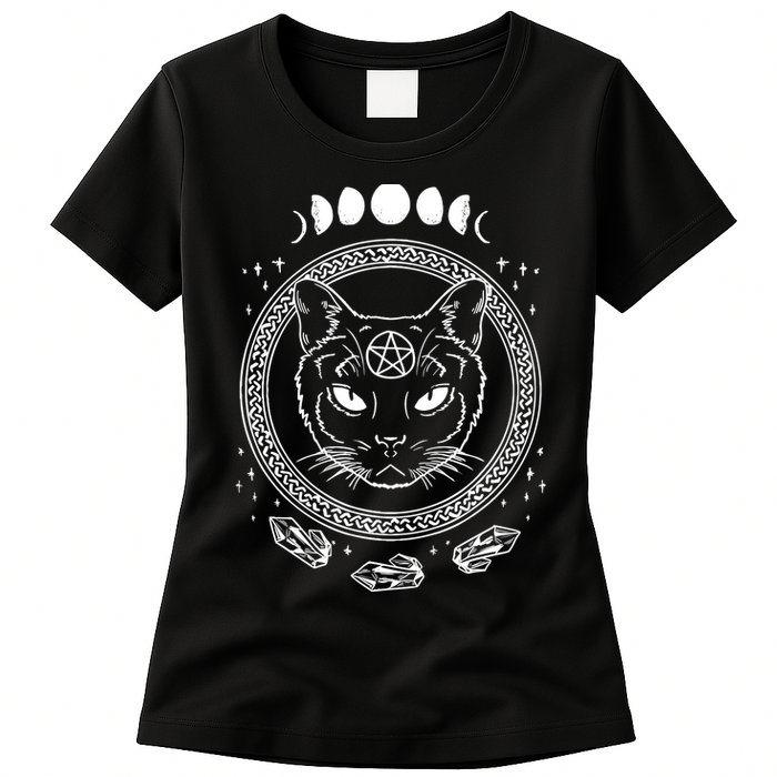Moon Cat Alchemy Witch Dark Symbols Goth Halloween Womens T-Shirt
