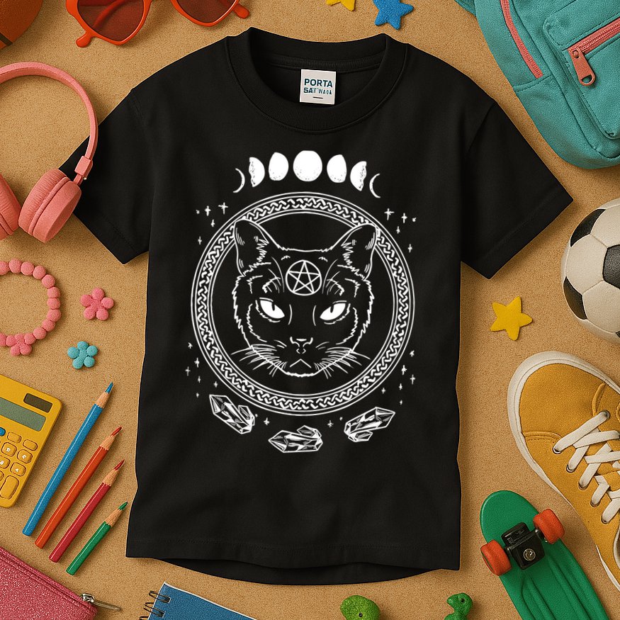 Moon Cat Alchemy Witch Dark Symbols Goth Halloween Kids T-Shirt