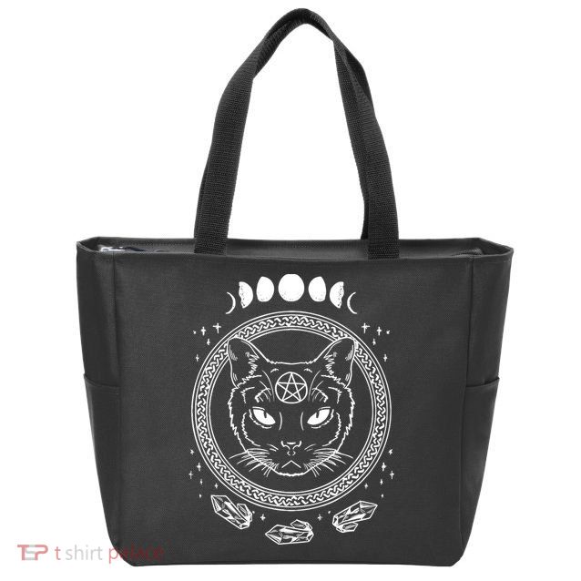 Moon Cat Alchemy Witch Dark Symbols Goth Halloween Zip Tote Bag