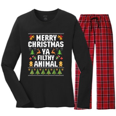 Merry Christmas Animal Filthy Ya Ugly Sweater Style Matching Women's Long Sleeve Flannel Pajama Set 