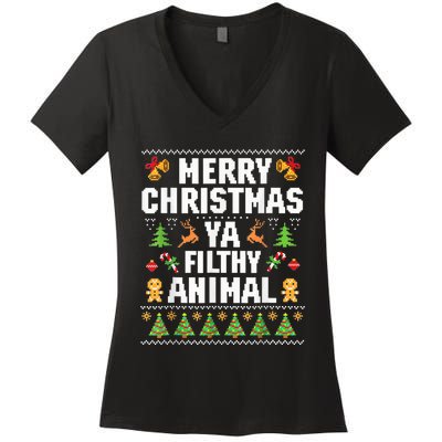 Merry Christmas Animal Filthy Ya Ugly Sweater Style Matching Women's V-Neck T-Shirt