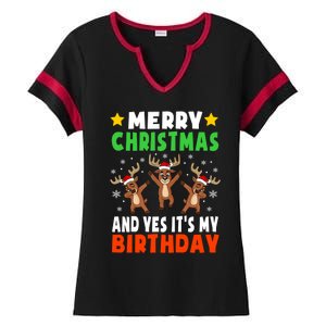 Merry Christmas And Yes ItS My Birthday Christmas Pajamas Gift Ladies Halftime Notch Neck Tee