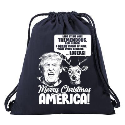 Merry Christmas America Trump Reindeer Drawstring Bag