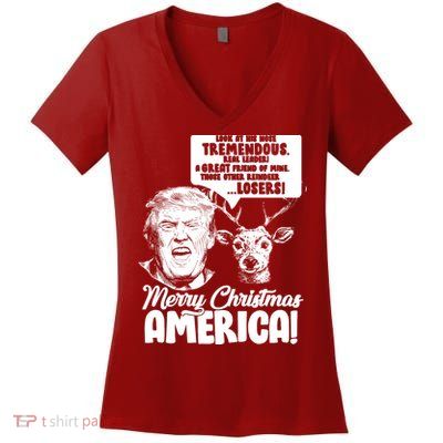 Merry Christmas America Trump Reindeer Women's V-Neck T-Shirt