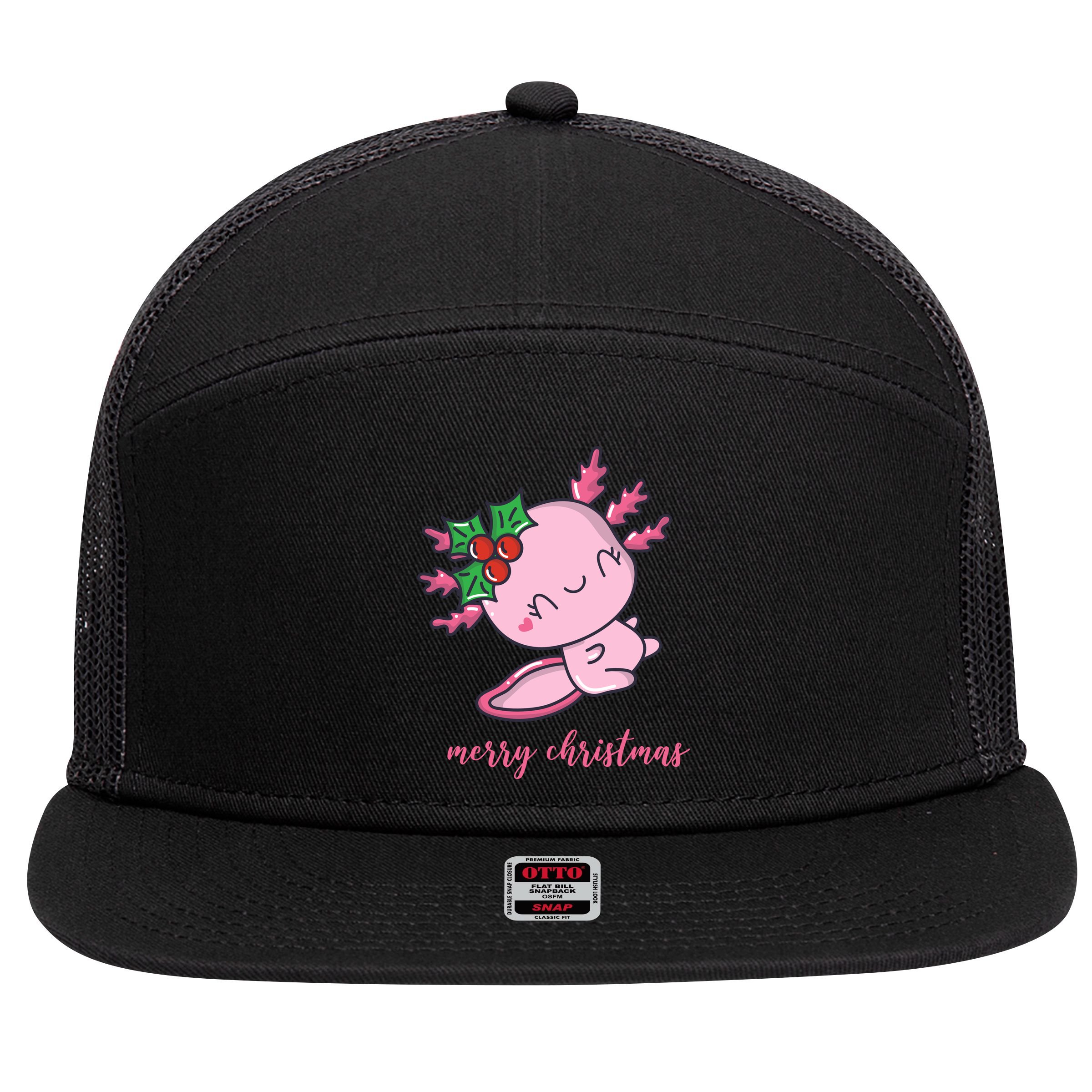 Merry Christmas Axolotl Cute Holiday 7 Panel Mesh Trucker Snapback Hat