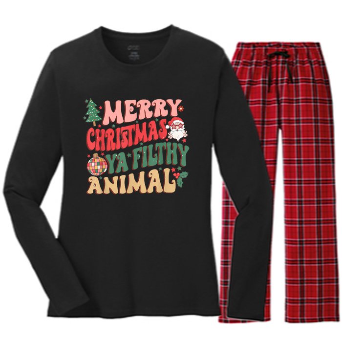 Merry Christmas Animal Filthy Ya Groovy Xmas Pajama Retro Women's Long Sleeve Flannel Pajama Set 