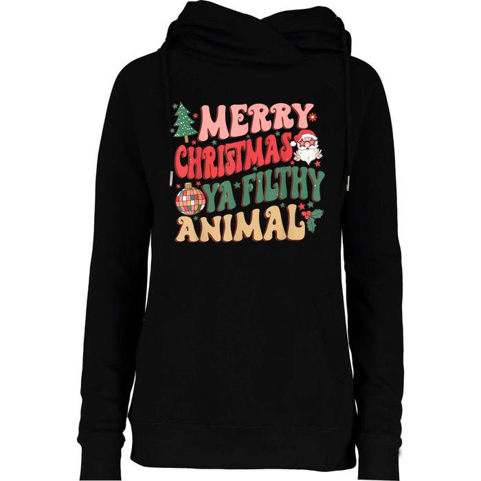 Merry Christmas Animal Filthy Ya Groovy Xmas Pajama Retro Womens Funnel Neck Pullover Hood