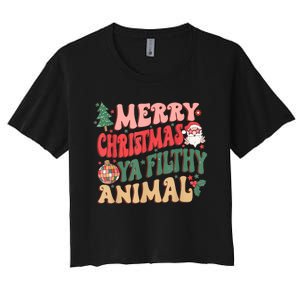 Merry Christmas Animal Filthy Ya Groovy Xmas Pajama Retro Women's Crop Top Tee