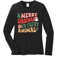 Merry Christmas Animal Filthy Ya Groovy Xmas Pajama Retro Ladies Long Sleeve Shirt