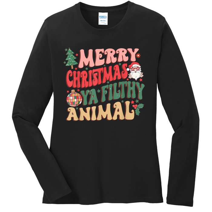 Merry Christmas Animal Filthy Ya Groovy Xmas Pajama Retro Ladies Long Sleeve Shirt