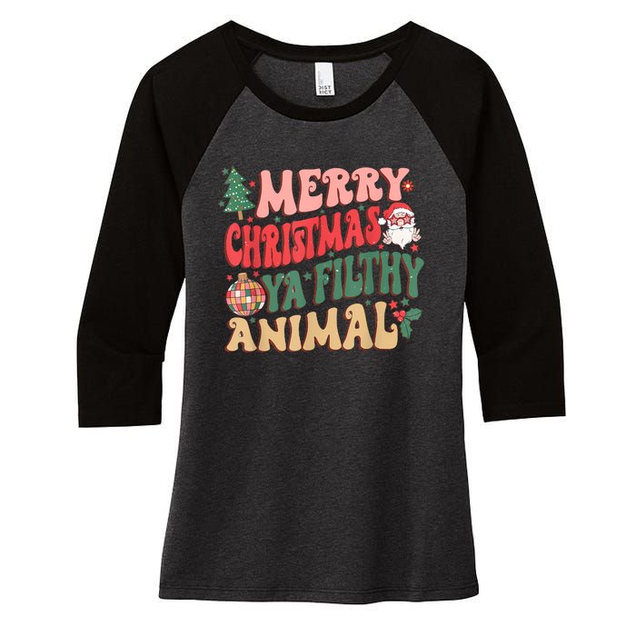 Merry Christmas Animal Filthy Ya Groovy Xmas Pajama Retro Women's Tri-Blend 3/4-Sleeve Raglan Shirt