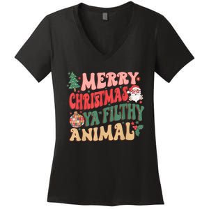 Merry Christmas Animal Filthy Ya Groovy Xmas Pajama Retro Women's V-Neck T-Shirt