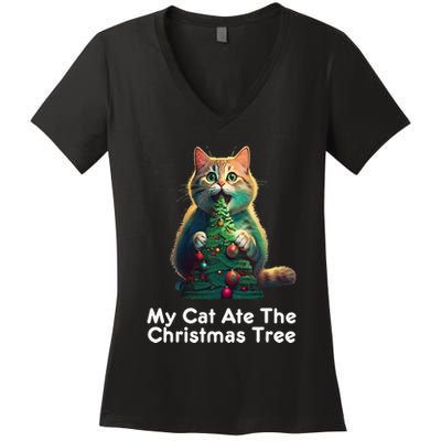 My Cat Ate The Christmas Tree Festive Holiday Apparel Women's V-Neck T-Shirt