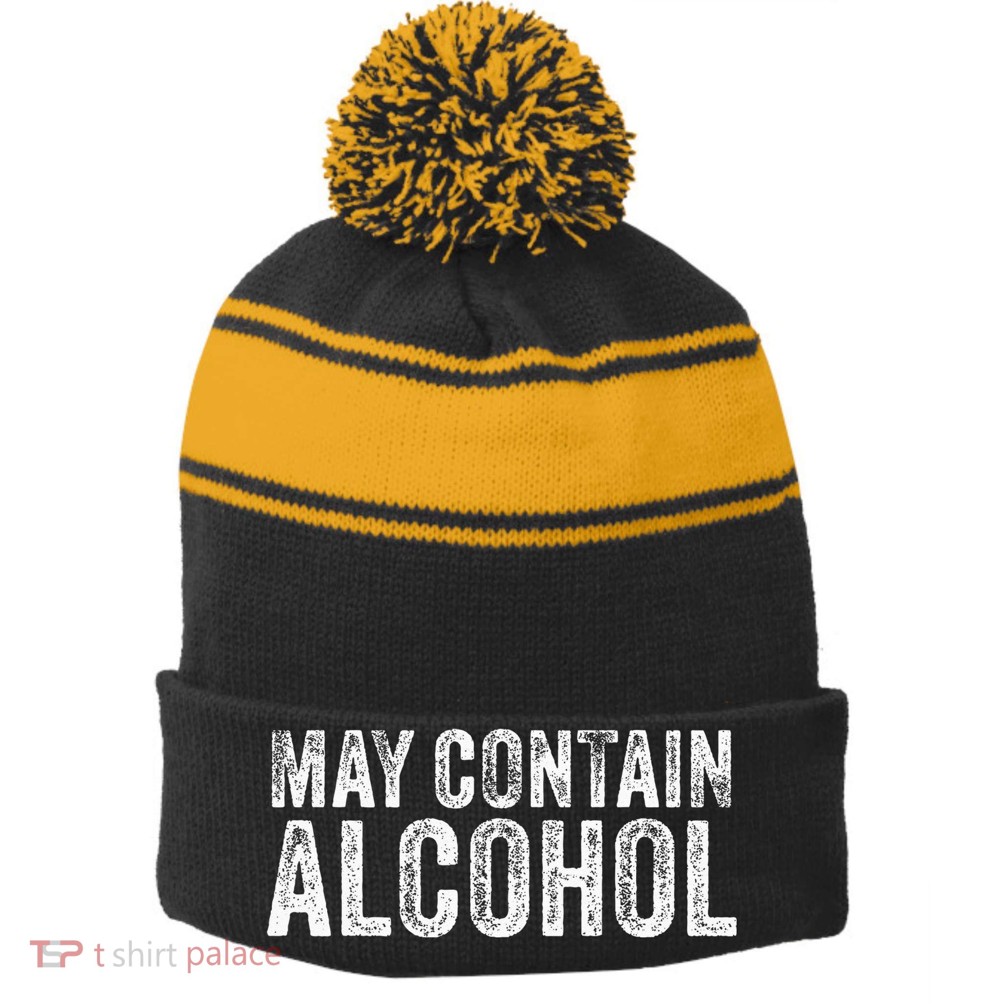 May Contain Alcohol Drinking Beer Tasting Funny Stripe Pom Pom Beanie