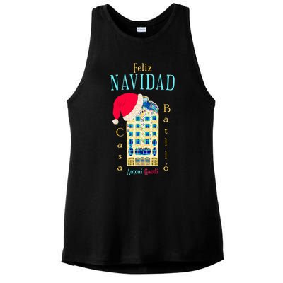 Merry Christmas Antoni Gaudi Drawing Barcelona Spain Ladies PosiCharge Tri-Blend Wicking Tank