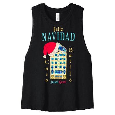 Merry Christmas Antoni Gaudi Drawing Barcelona Spain Women's Racerback Cropped Tank