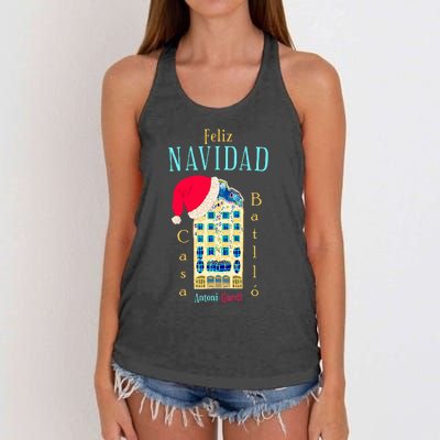 Merry Christmas Antoni Gaudi Drawing Barcelona Spain Women's Knotted Racerback Tank