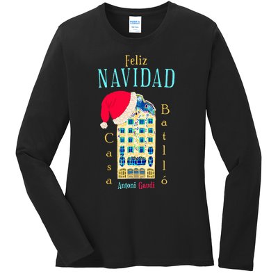 Merry Christmas Antoni Gaudi Drawing Barcelona Spain Ladies Long Sleeve Shirt