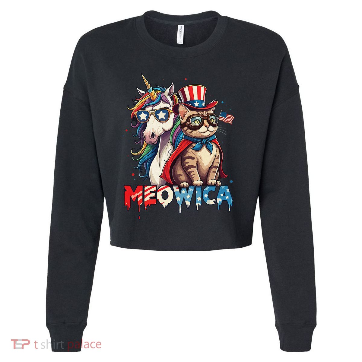 Meowica Cat And Unicorn Cropped Pullover Crew