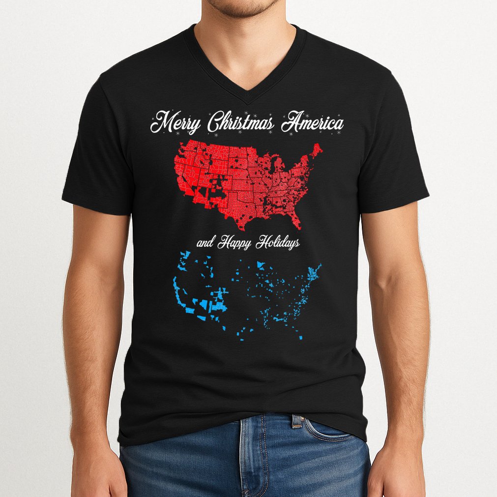 Merry Christmas America Funny 2024 Election Map Holiday V-Neck T-Shirt