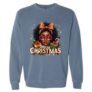 Merry Christmas African American Black Afro Messy Bun Gift Garment-Dyed Sweatshirt