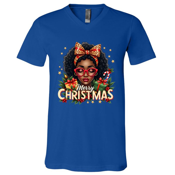 Merry Christmas African American Black Afro Messy Bun Gift V-Neck T-Shirt