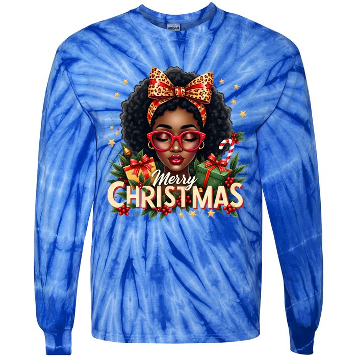 Merry Christmas African American Black Afro Messy Bun Gift Tie-Dye Long Sleeve Shirt