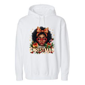 Merry Christmas African American Black Afro Messy Bun Gift Garment-Dyed Fleece Hoodie