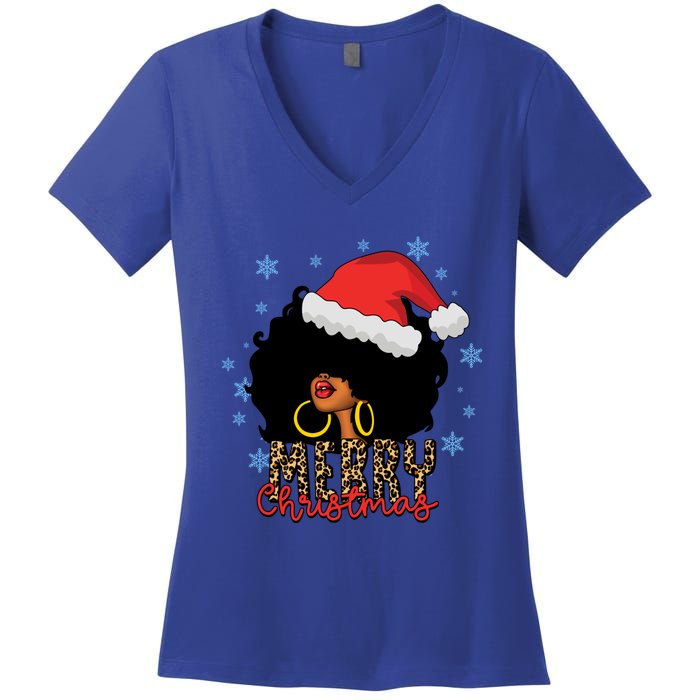 Merry Christmas Afro Black Leopard Christmas Pajamas Cute Gift Women's V-Neck T-Shirt