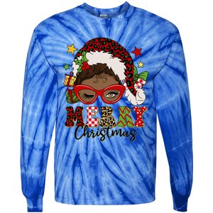 Merry Christmas Afro Messy Bun Santa Black Christmas Gift Tie-Dye Long Sleeve Shirt