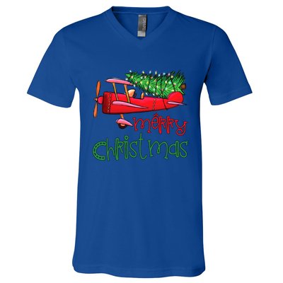 Merry Christmas Airplane Christmas Tree Pilot Xmas Funny Gift V-Neck T-Shirt