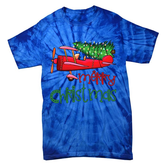 Merry Christmas Airplane Christmas Tree Pilot Xmas Funny Gift Tie-Dye T-Shirt