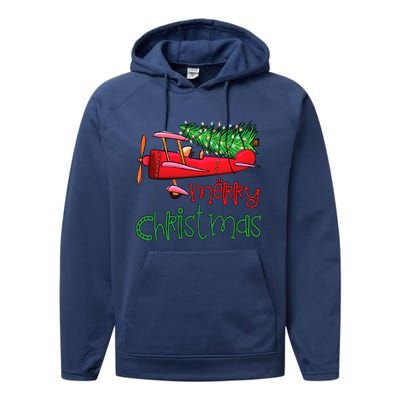 Merry Christmas Airplane Christmas Tree Pilot Xmas Funny Gift Performance Fleece Hoodie