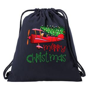 Merry Christmas Airplane Christmas Tree Pilot Xmas Funny Gift Drawstring Bag