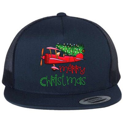 Merry Christmas Airplane Christmas Tree Pilot Xmas Funny Gift Flat Bill Trucker Hat